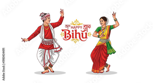 Illustrated vector art shows a man and woman in traditional Assamese dress performing a Bihu dance with festive typography against a clean white background, celebrating the vibrant