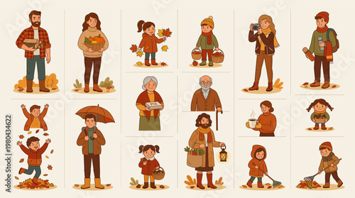 Autumn family character set with parents and children in seasonal clothes, pumpkins, leaves and cozy fall activities flat vector illustration