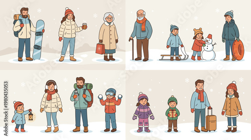 Winter family character set with parents and children in warm clothes, luggage, pet dog and snowy season outfits flat vector illustration