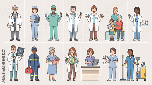 Medical staff character set with doctors, nurses and hospital workers standing with patients, supplies and cleaning tools in flat vector style