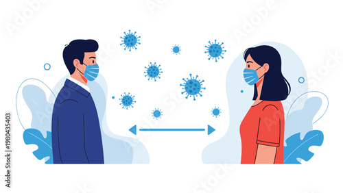 Social distancing and virus prevention concept showing man and woman wearing masks and maintaining safe distance between each other.