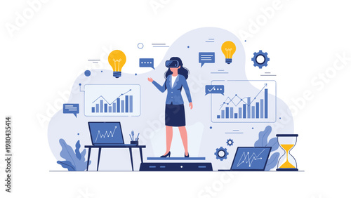 Virtual reality business data analysis and futuristic technology concept with professional woman using vr headset to monitor interactive charts.