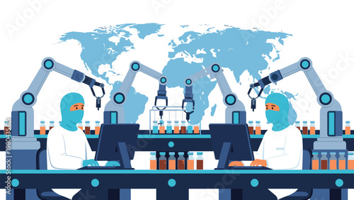 Global vaccine manufacturing and pharmaceutical production concept with scientists in protective suits using robotic arms on assembly line.