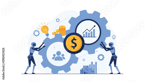 Industrial automation and financial technology concept showing robots operating large gears with business growth and investment icons.