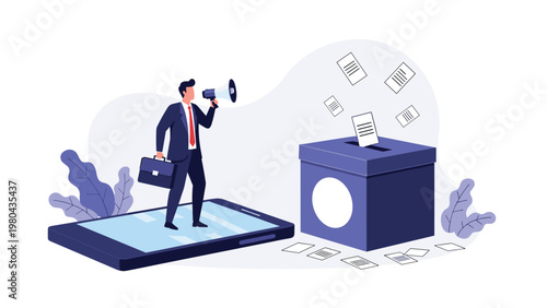 Digital voting and political election campaign concept featuring man with megaphone advocating for votes via mobile application system.