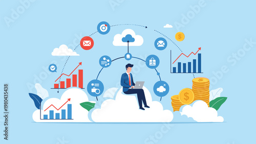 Cloud computing and remote work business concept with professional man sitting on cloud using laptop to manage global digital systems.