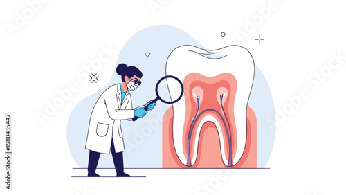 Dentistry medical specialist concept showing professional female dentist using magnifying glass to examine giant human tooth anatomy model.