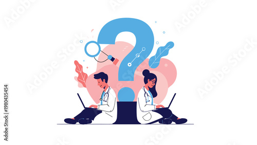Medical diagnosis and complex research concept featuring male and female doctors using laptops in front of giant question mark symbol.