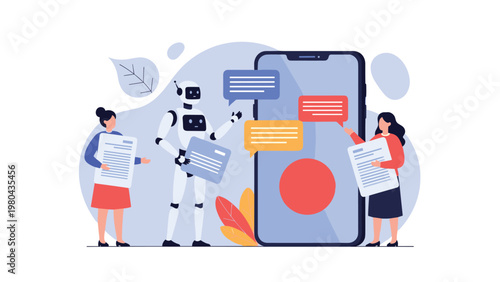 Customer support automation and chatbot concept featuring diverse people and robot interacting with large smartphone messenger interface.