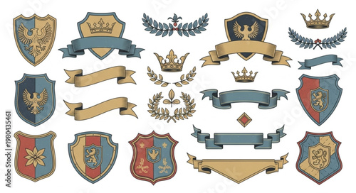 Collection of heraldic crests shields banners and crowns.