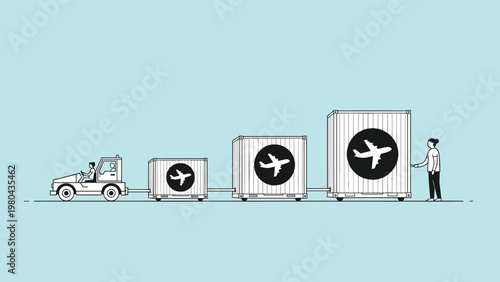 Air freight logistics and cargo transportation concept showing airport baggage tractor pulling large containers with airplane symbols.