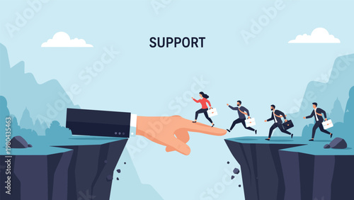 Corporate support and teamwork concept with giant hand forming bridge over canyon for business professionals to cross safely together.