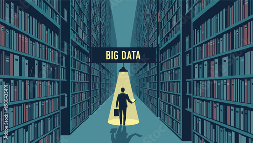 Businessman holding flashlight explores a massive library of information to find insights under a big data sign.