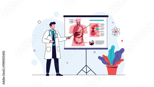 Male doctor in a white coat using a pointer to explain human internal organs on a detailed educational medical chart.