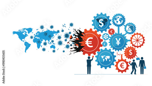 Coronavirus particles attacking a gear system of global currencies representing the economic impact of the pandemic.