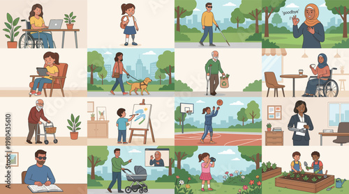 Neighborhood people daily life scenes with home, garden, pet care, reading, wheelchair user and family activities in flat vector illustration
