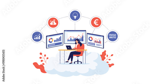 Businesswoman sitting on a cloud with her laptop analyzing various financial charts and important strategic business icons.