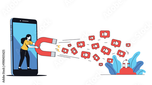 Woman emerging from a smartphone screen using a large magnet to attract social media like icons and engagement.
