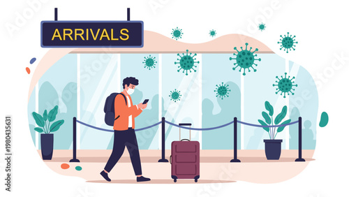 Traveler wearing a face mask at an airport arrivals terminal surrounded by floating coronavirus virus particles.