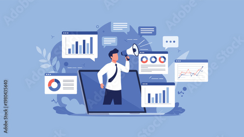 Male professional with a megaphone standing inside a laptop screen surrounded by various colorful business data charts.