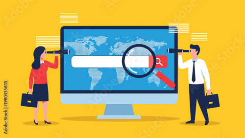 People using telescopes to search for information on a giant computer monitor with a very prominent web search bar.