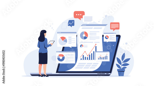 Professional woman looking at digital financial reports and complex bar charts on a large computer screen for analysis.