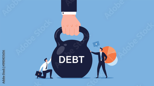 Giant hand holding a heavy kettlebell labeled debt while two businessmen struggle to support the financial burden.