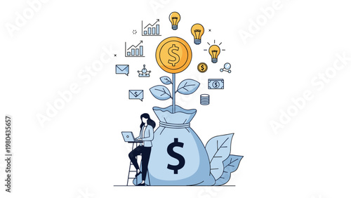 Businesswoman standing next to a large money bag with a golden coin tree growing from it representing investment.