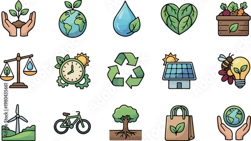 Eco friendly icons for sustainable living and environmental conservation