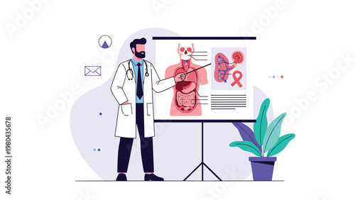 Bearded doctor in a white lab coat using a pointer to explain human anatomy on a very detailed educational wall chart.