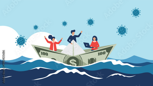 Business team sailing on a boat made of a dollar bill in a stormy sea filled with floating coronavirus particles.