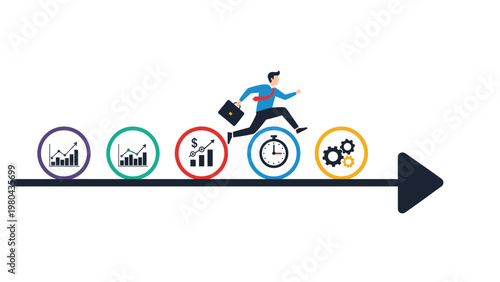 Businessman running along a time line past various gear and graph icons towards a goal representing professional progress.