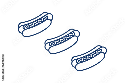 Three blue outline of hot dogs with mustard on white background food fast food