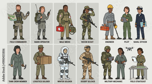 Military profession character set with soldiers, medic, engineer, pilot, sailor and service personnel in uniform flat vector illustration