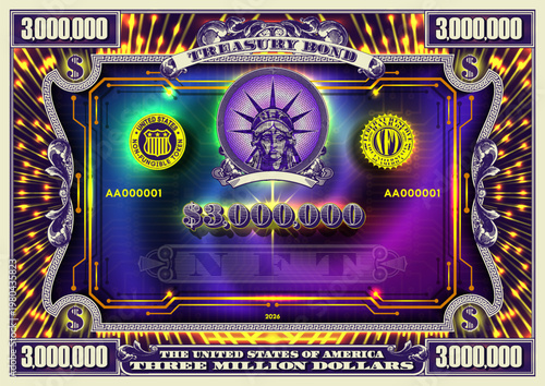 Vector glowing purple symmetrical treasury bond. Three million dollars. Bright contrasting security, rays, computer chip, luminescent glow. Virtual cyber non-fungible token. 3D NFT with shadows