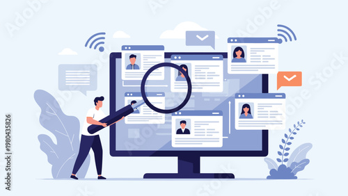 Recruitment and human resources concept showing a person using a large magnifying glass on a monitor to scan through job applicant resumes.