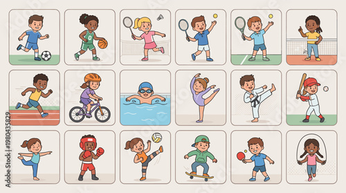 Kids sport activity character set with children playing tennis, cycling, swimming, gymnastics, baseball and other games in cute flat vector illustration