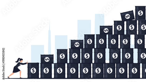 Driven businesswoman pushing a heavy oil barrel towards a growing stack of containers marked with dollar signs, representing market growth.