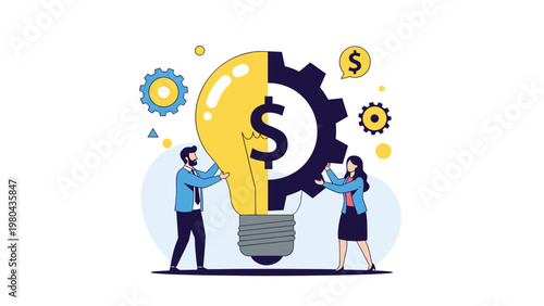 Collaborative work concept showing a man and a woman assembling a large lightbulb and industrial gear, representing synergy and hard work.