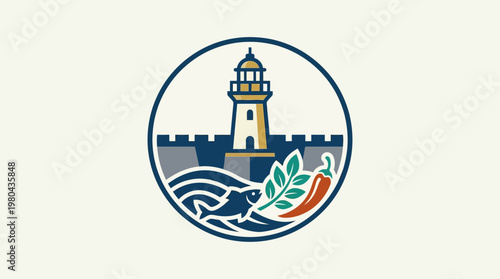 Stylized Tuna Fish Logo with Ocean Elements