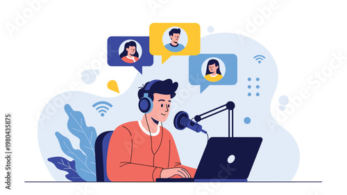 Young content creator wearing headphones and speaking into a professional microphone while recording a podcast or live stream on his laptop.