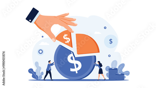 Corporate profit sharing and investment concept showing a large hand placing a segment into a pie chart while workers support the structure.