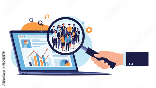 Human resources and talent search concept featuring a large hand holding a magnifying glass over a group of professionals on a laptop screen.