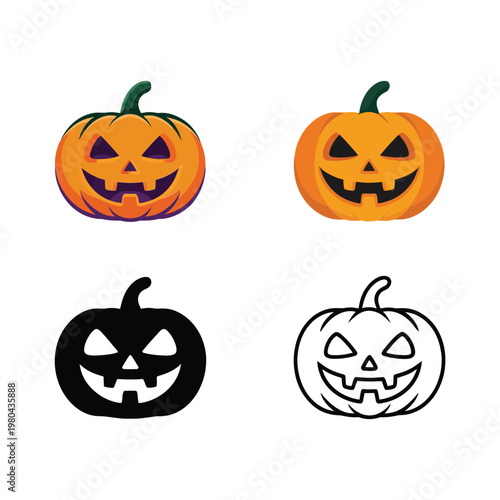 Halloween pumpkin face icon set with spooky jack o lantern expressions, fall party decoration, autumn festival vector illustration bundle