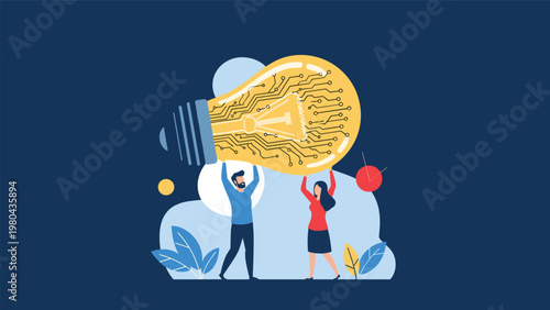 Couple holding up a large glowing lightbulb containing a complex circuit board, representing their shared vision for creative technology.