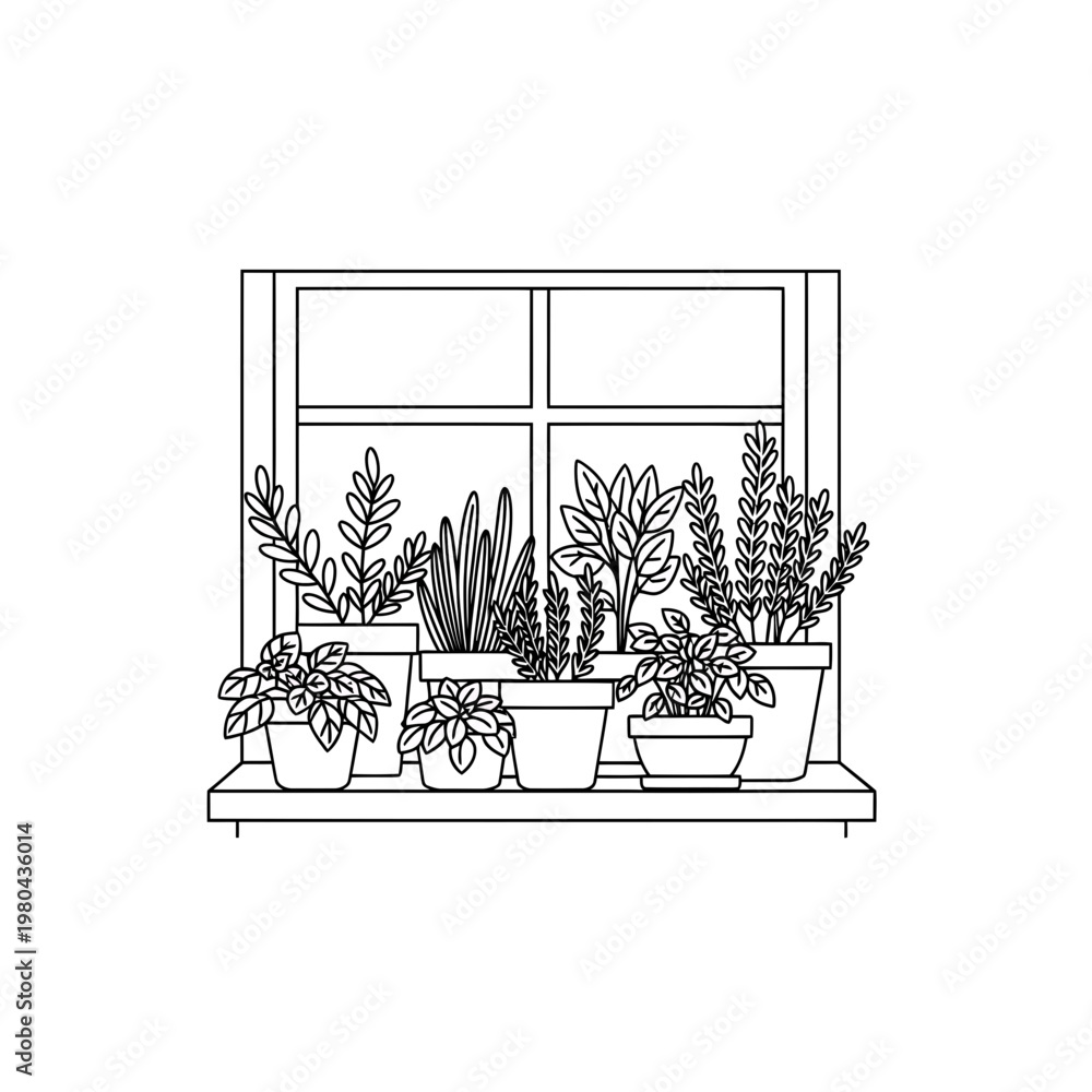 Fototapeta premium Line Art Illustration of Houseplants on a Windowsill
