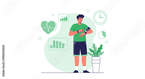 Man checking fitness tracker smartwatch, health data, heart rate, exercise, active lifestyle