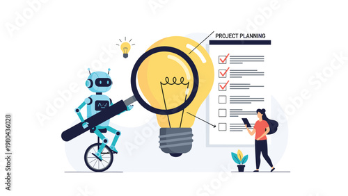 Project management and innovation concept featuring a robot on a unicycle inspecting a lightbulb while a woman checks a project planning list.