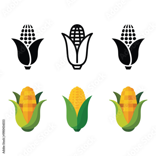 Corn cob icon set with husk leaves and kernels, maize harvest graphics for farm market posters, food packaging designs collection