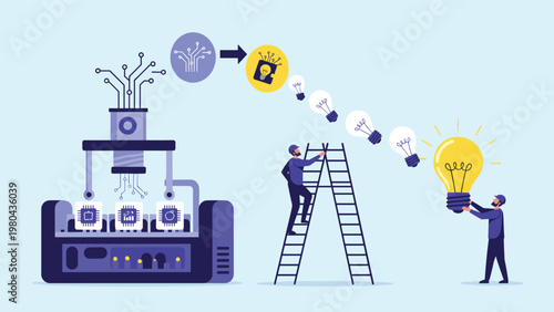 Mass production of ideas concept showing a machine making computer chips into lightbulbs and workers handling the final products on ladders.